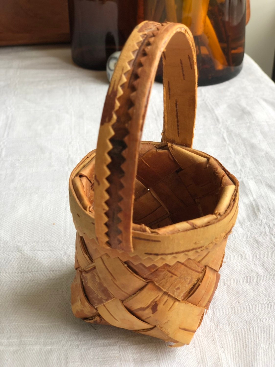 Small Swedish wooden birch bark basket midcentury modern basket storage handcrafted Scandinavian