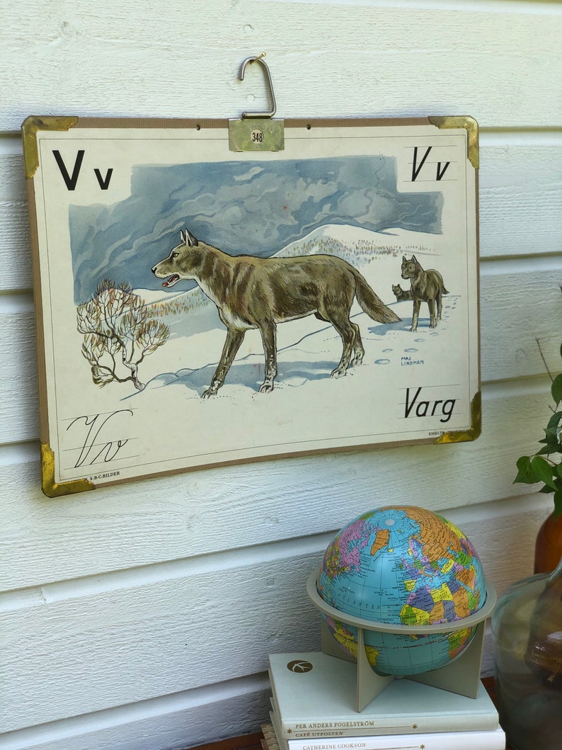 Vintage Swedish school house poster letter illustrations art poster Sweden wolf varg