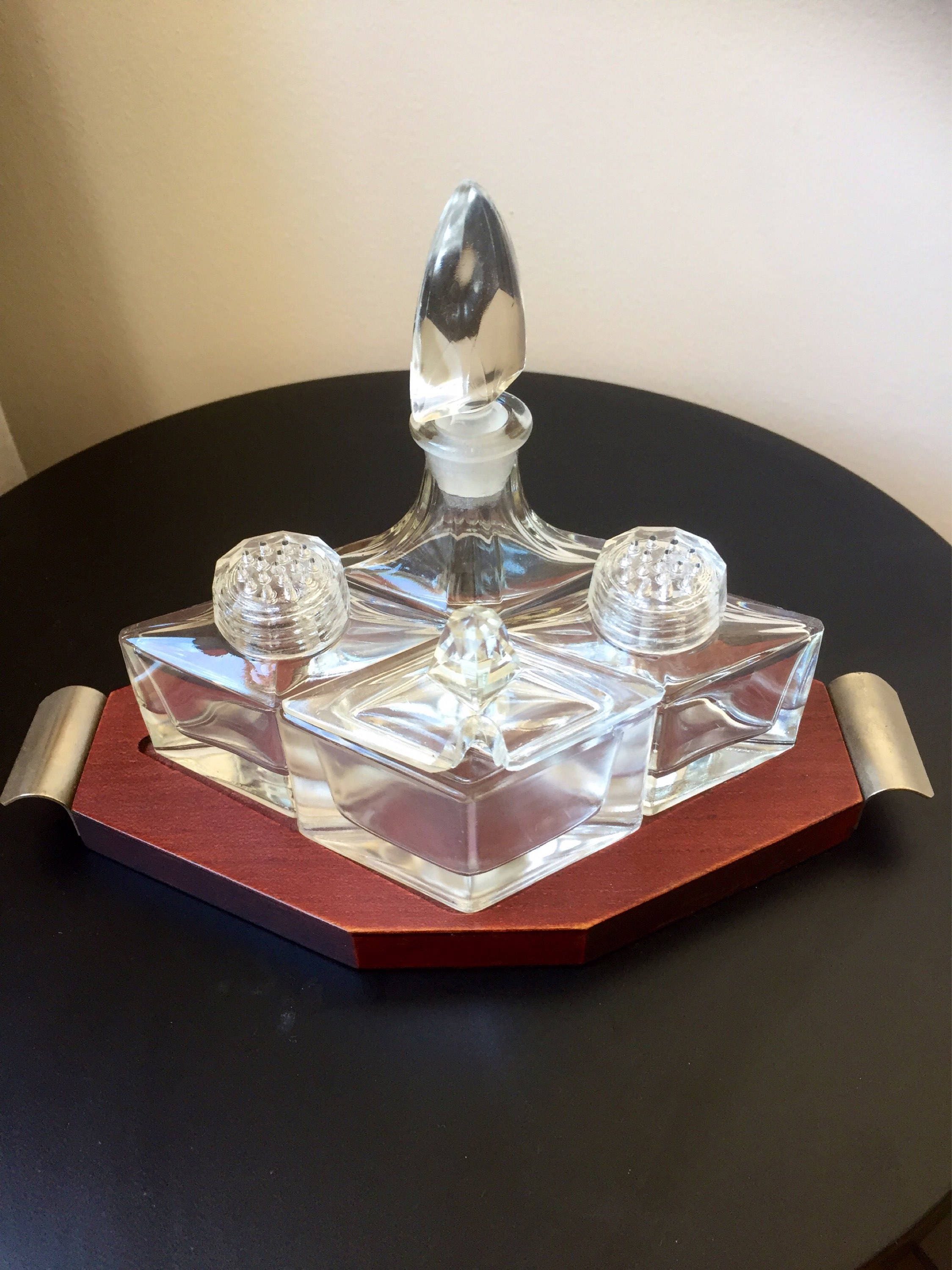 Danish/Midcentury Modern/Glass Condiments/Salt and Pepper Set/Teak Serving Tray/Scandinavian Design