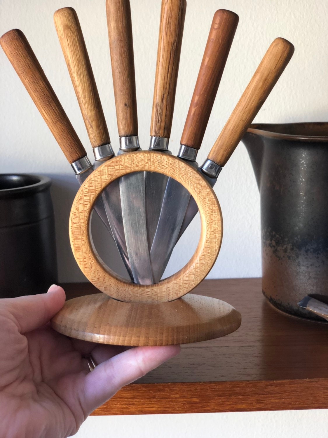 Wooden Vintage butter knife set Brio wooden holder Swedish mid century