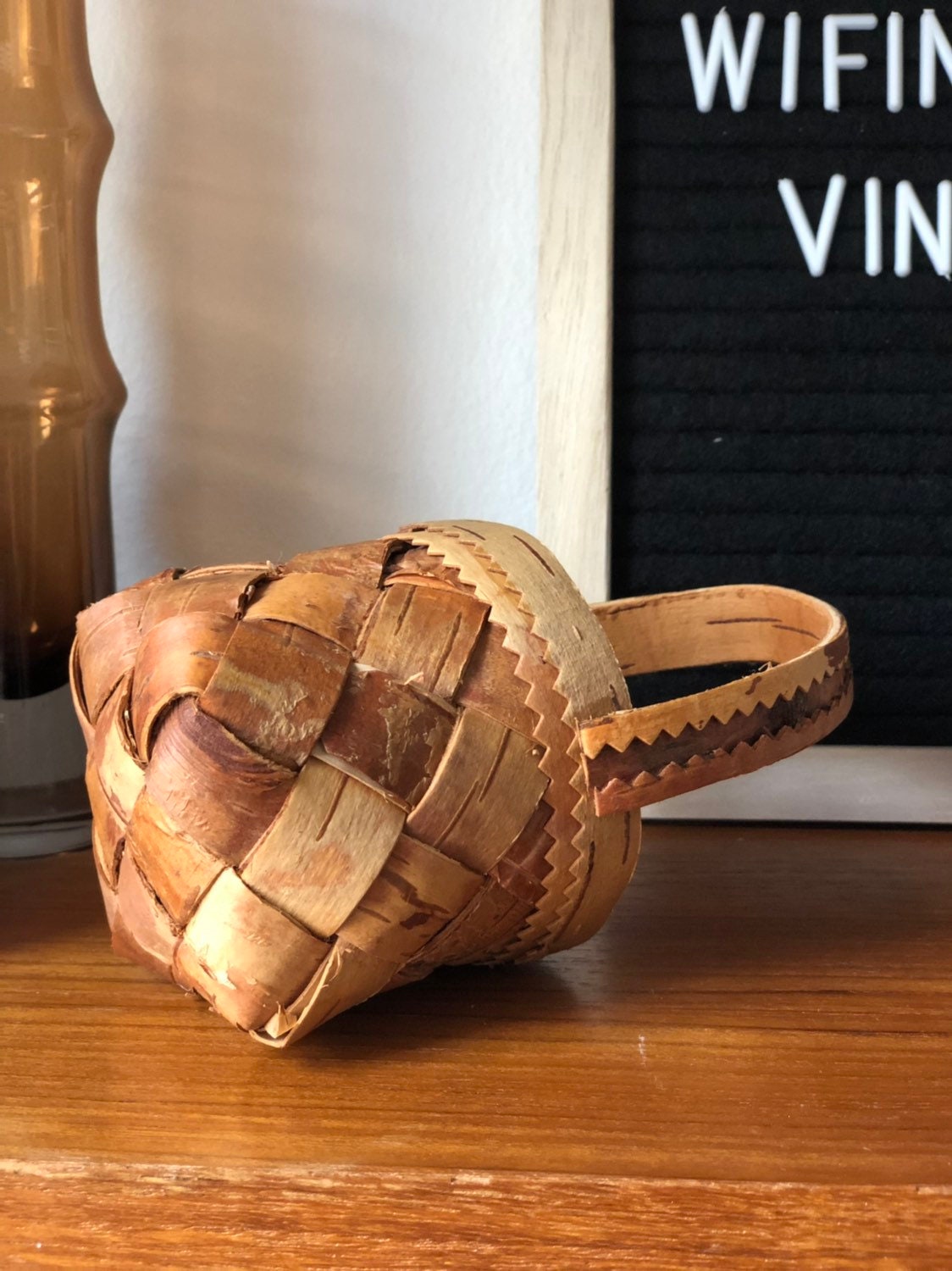 Small Swedish wooden birch bark basket midcentury modern basket storage