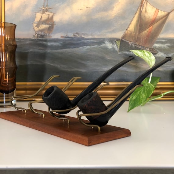 Scandinavian teak and bronze pipe holder and 2 pipes playboy brand