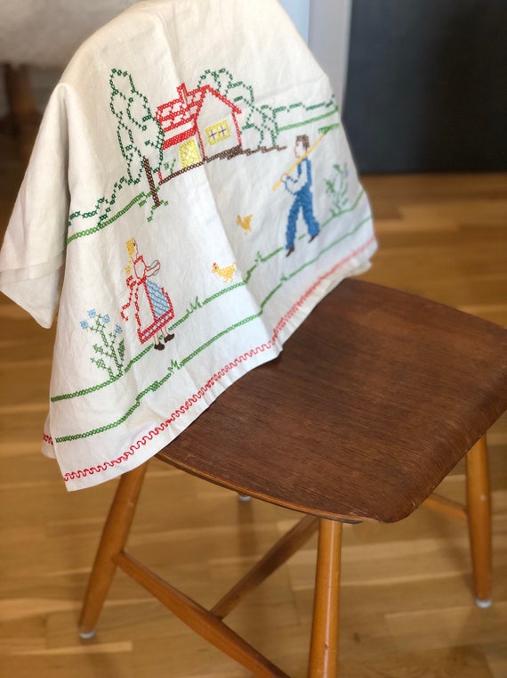 Vintage hand towel cover tea towel cover embroidered with Scandinavian farm house motif