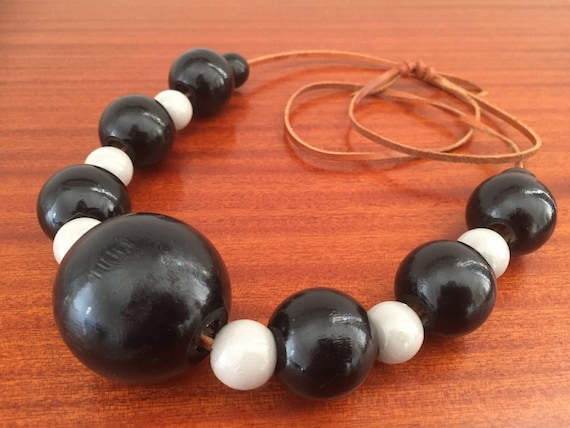 Vintage large wooden bead necklace/boho/black and grey/adjustable