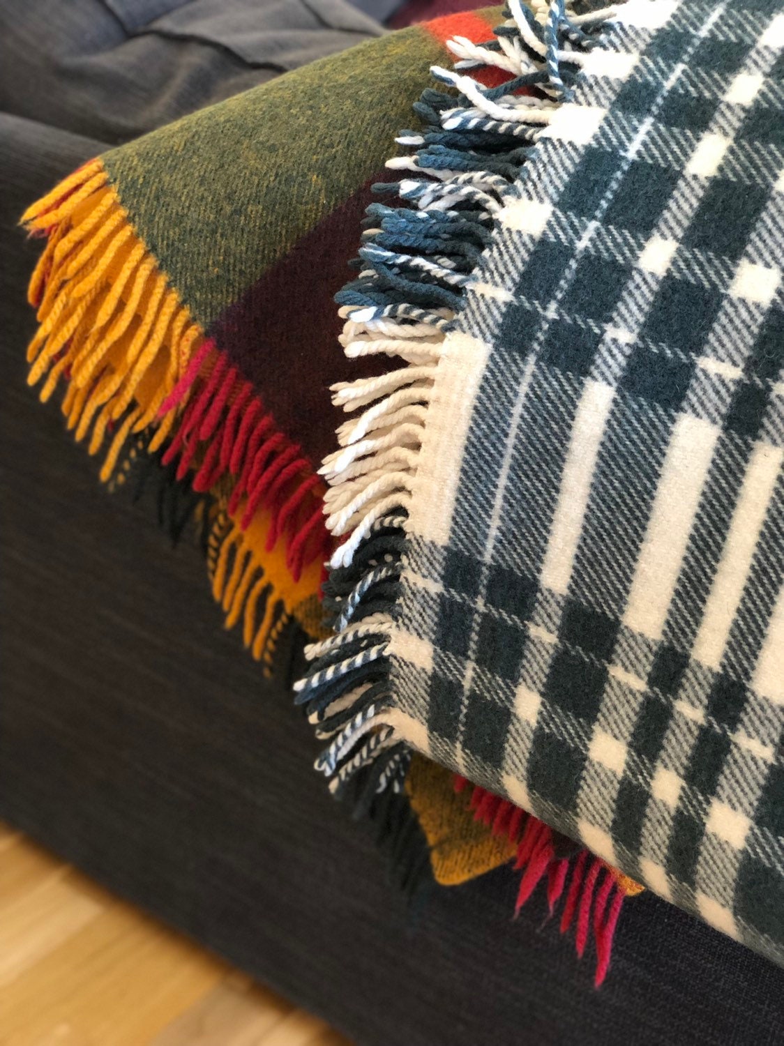 Wool throw blanket dark green and white tones wool blanket throws