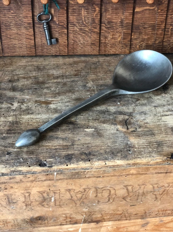 Pewter Scandinavian serving spoon / viking style hammered blacksmiths piece  made in Sweden