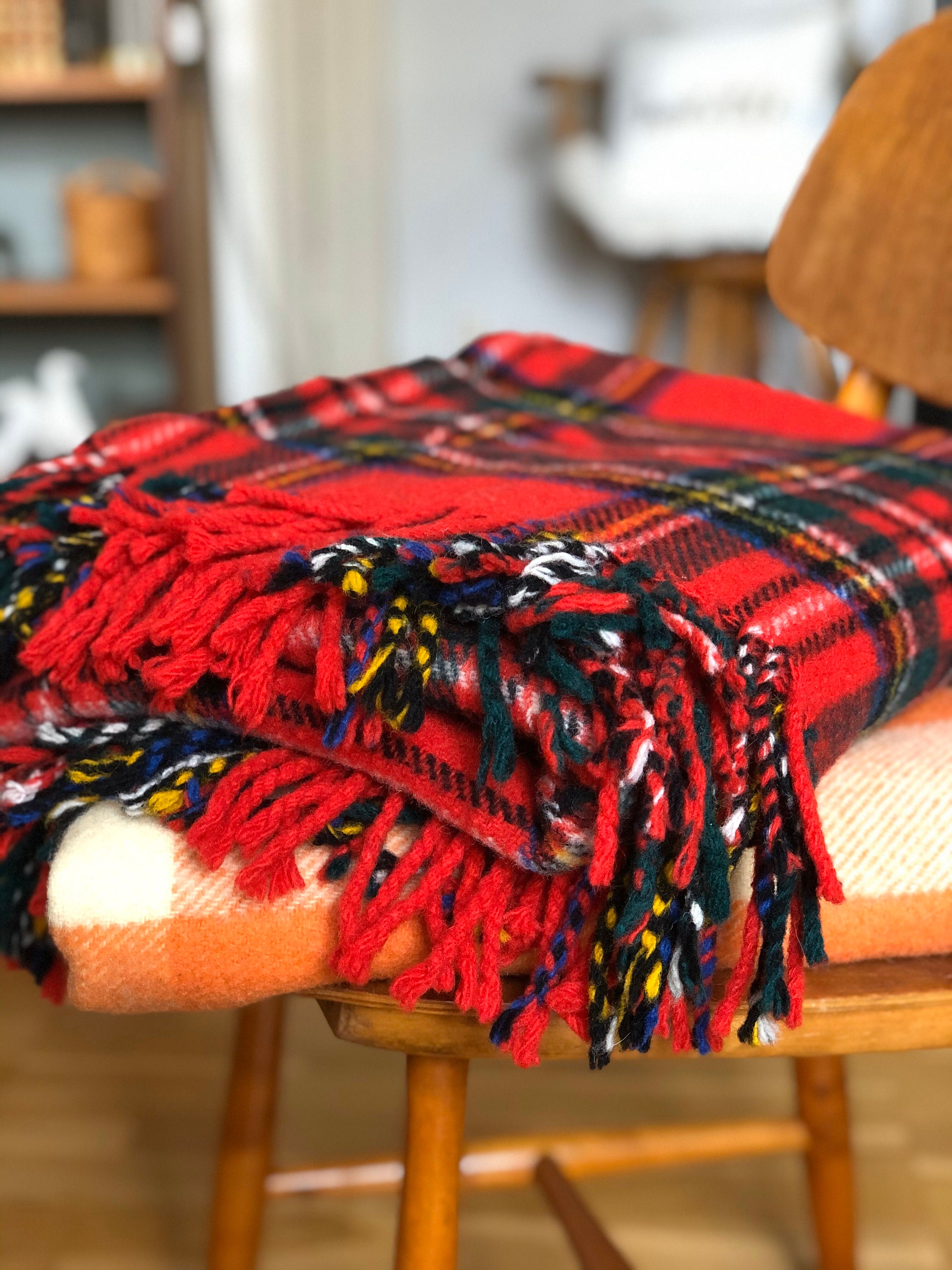 Swedish wool throw blanket red and green tones wool blanket throw