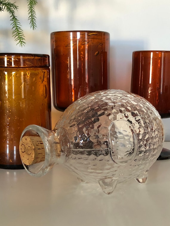 Hand Blown Glass Pig Decanter with cork Sweden 1970s peanut pig glassworks cork / mid century modern midmod