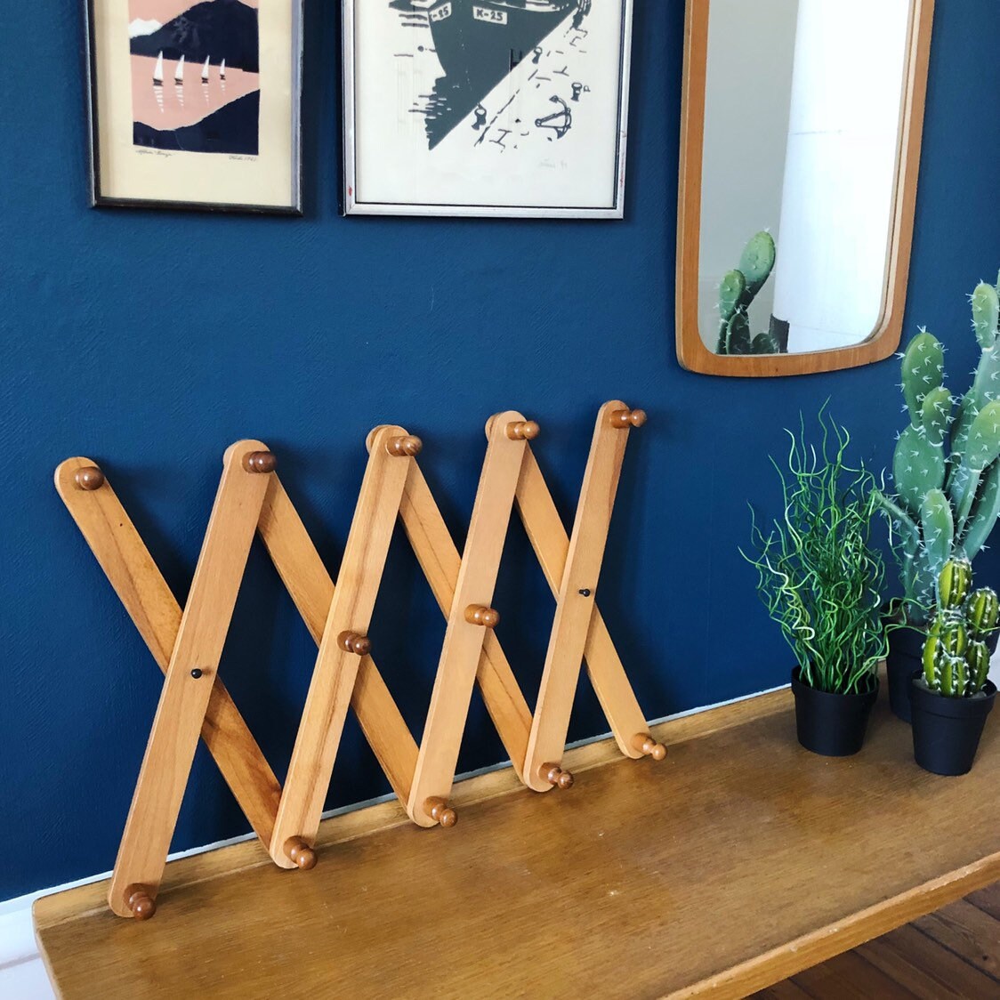 Vintage wooden accordion hat rack retro scandi boho coat track