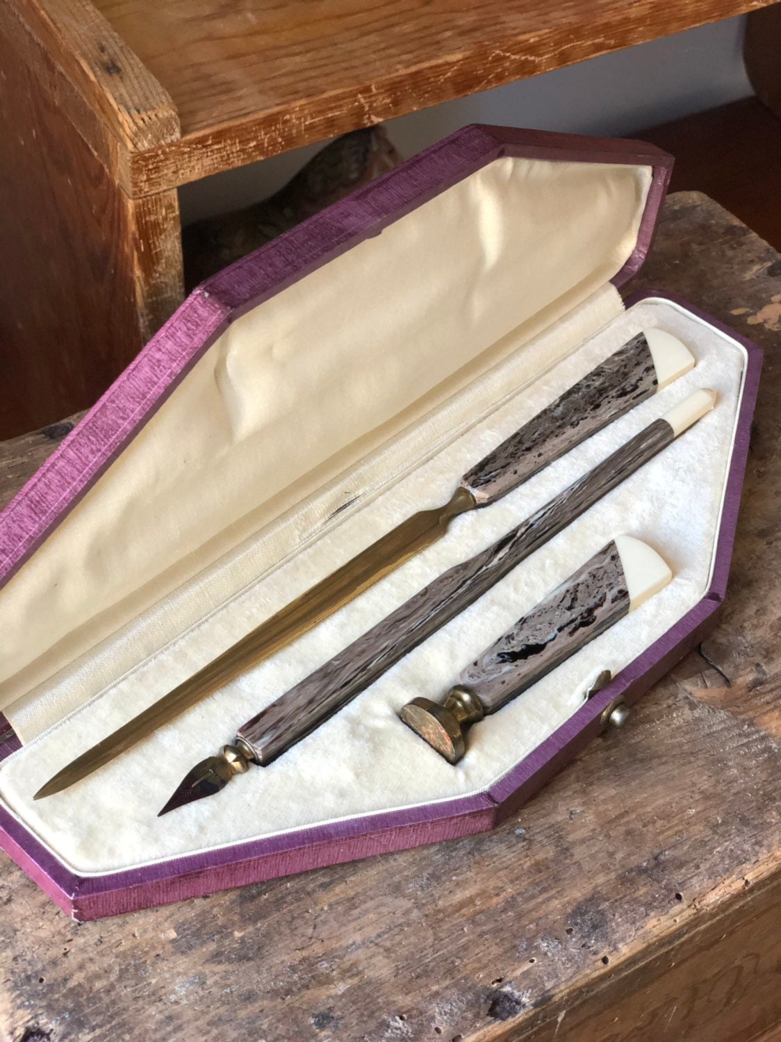 Vintage Art Deco writing set in case / letter opener / steel tip quill