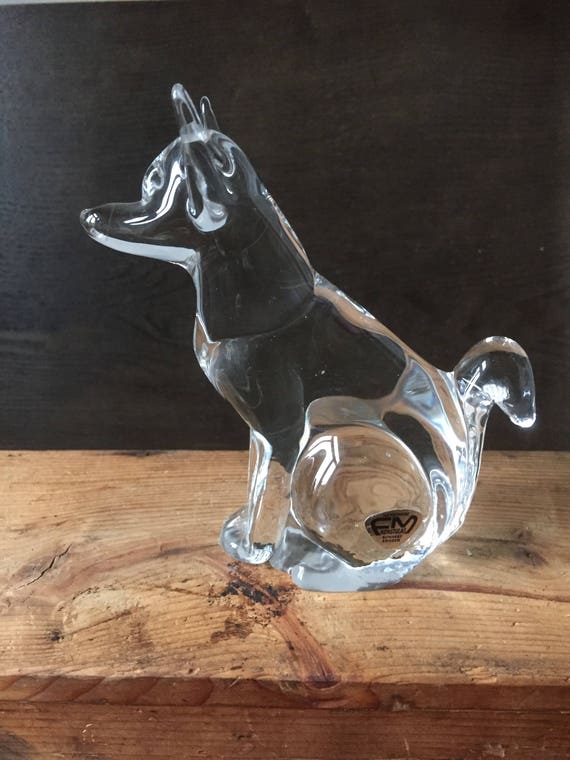 FM Ronneby glass crystal wolf figurine hand blown soft glass dog canine figurine 1970s FM Ronneby Sweden