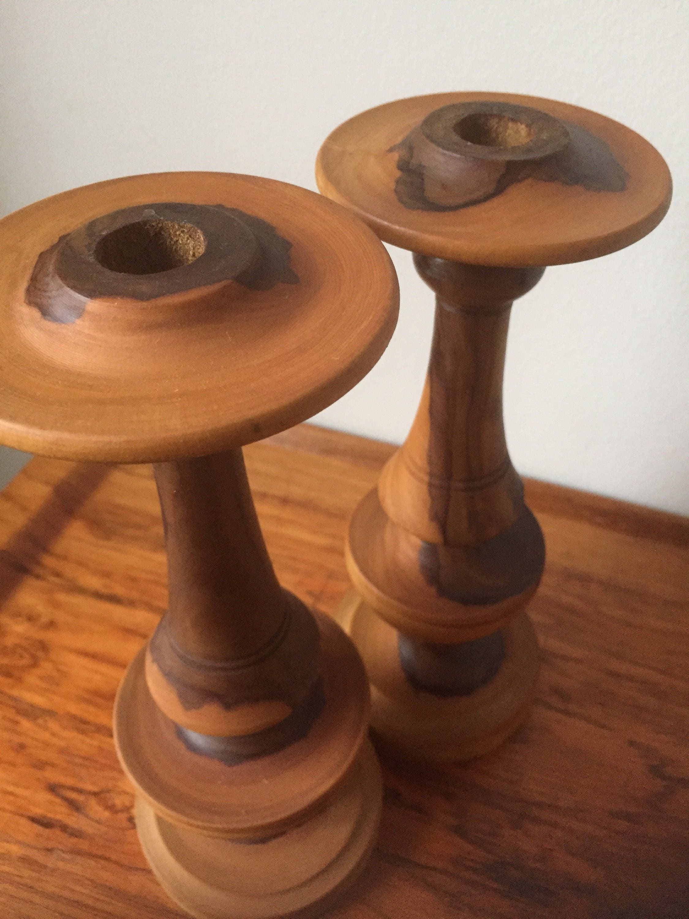 Swedish wooden hand turned candle stick holders Scandinavian