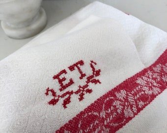 Pair of Vintage woven Scandinavian hand towels kitchen towels monogram ET red and white farmhouse kitchen