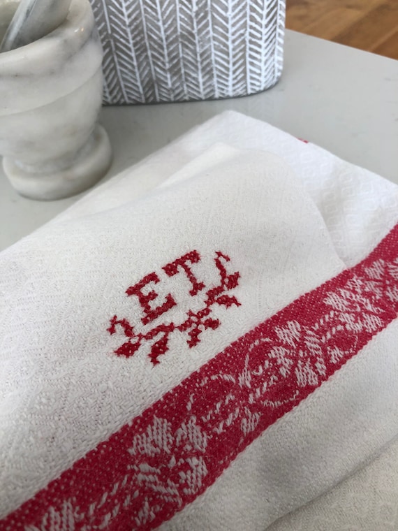 Pair of Vintage woven Scandinavian hand towels kitchen towels monogram ET red and white farmhouse kitchen