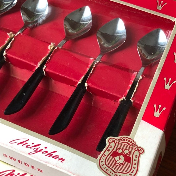 Swedish dessert tea spoons by Nils Johan Scandinavian mid modern spoons set of 6 stainless steel made in Sweden original box