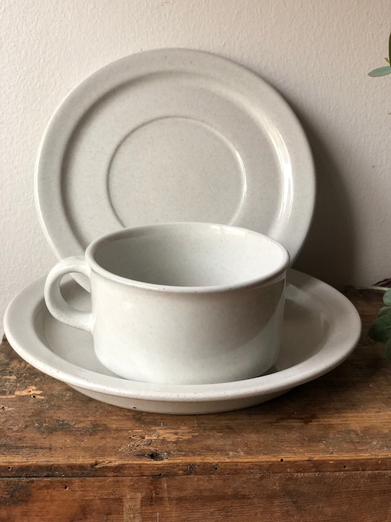 Trio höganäs tea mug saucer and small plate natural white saucers retro Scandinavian minimalist stoneware