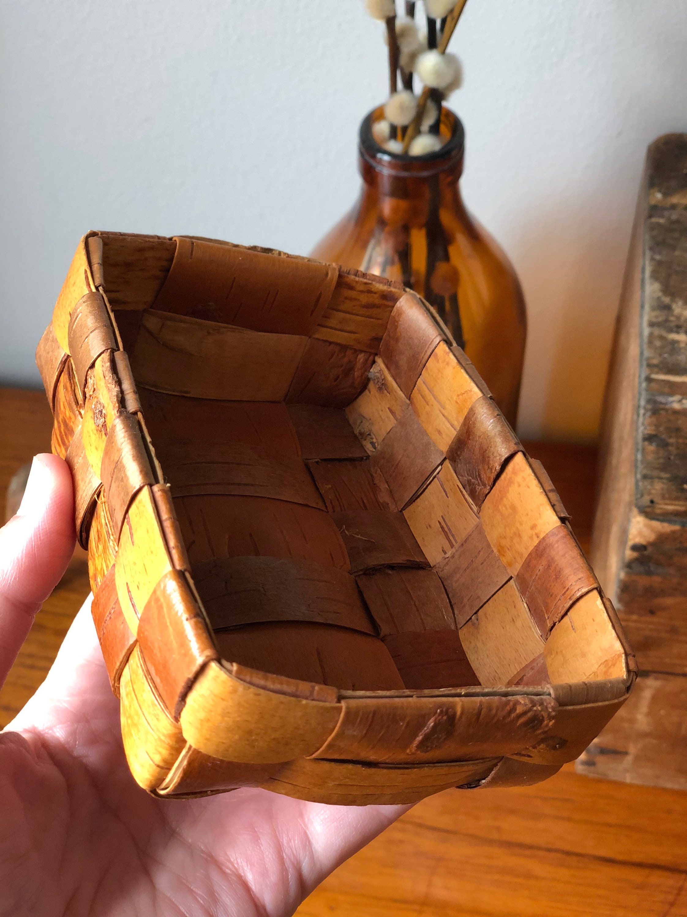 Small Swedish wooden birch bark basket midcentury modern basket storage
