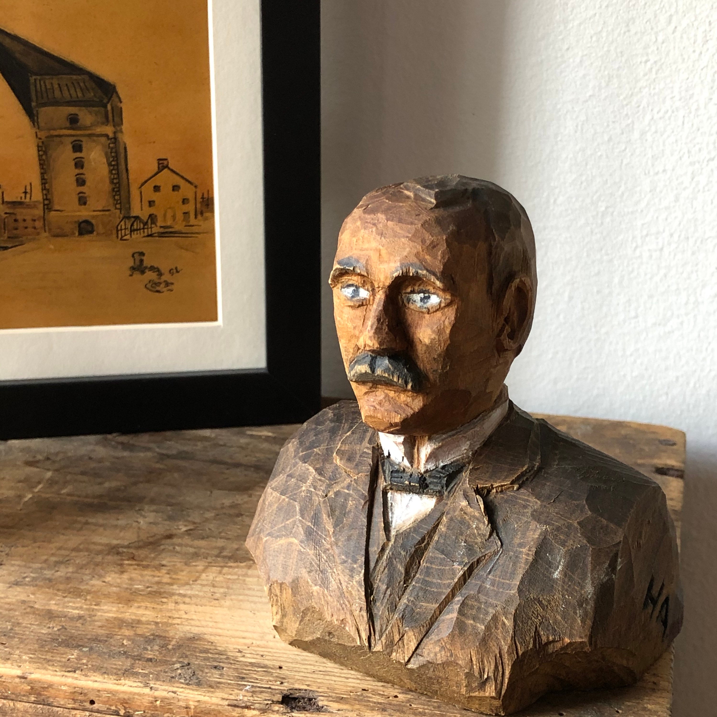 Swedish hand carved wooden bust figurine signed hand painted original