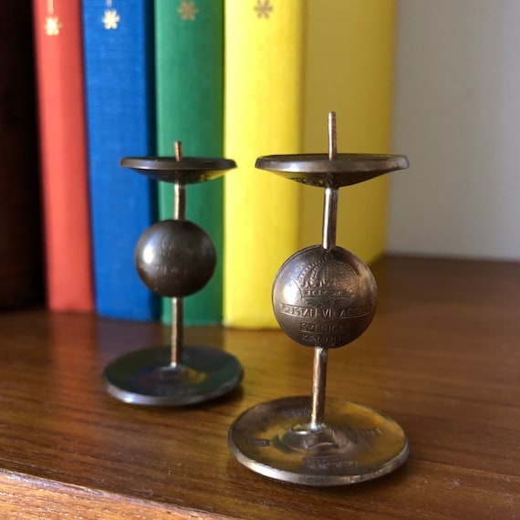 Miniature antique bronze  kronor coin candlesticks Swedish coins krowns bling Scandinavian money kronor crowns