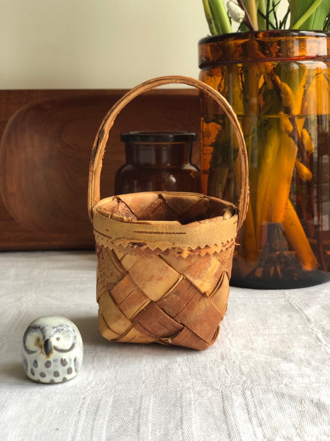 Small Swedish wooden birch bark basket midcentury modern basket storage