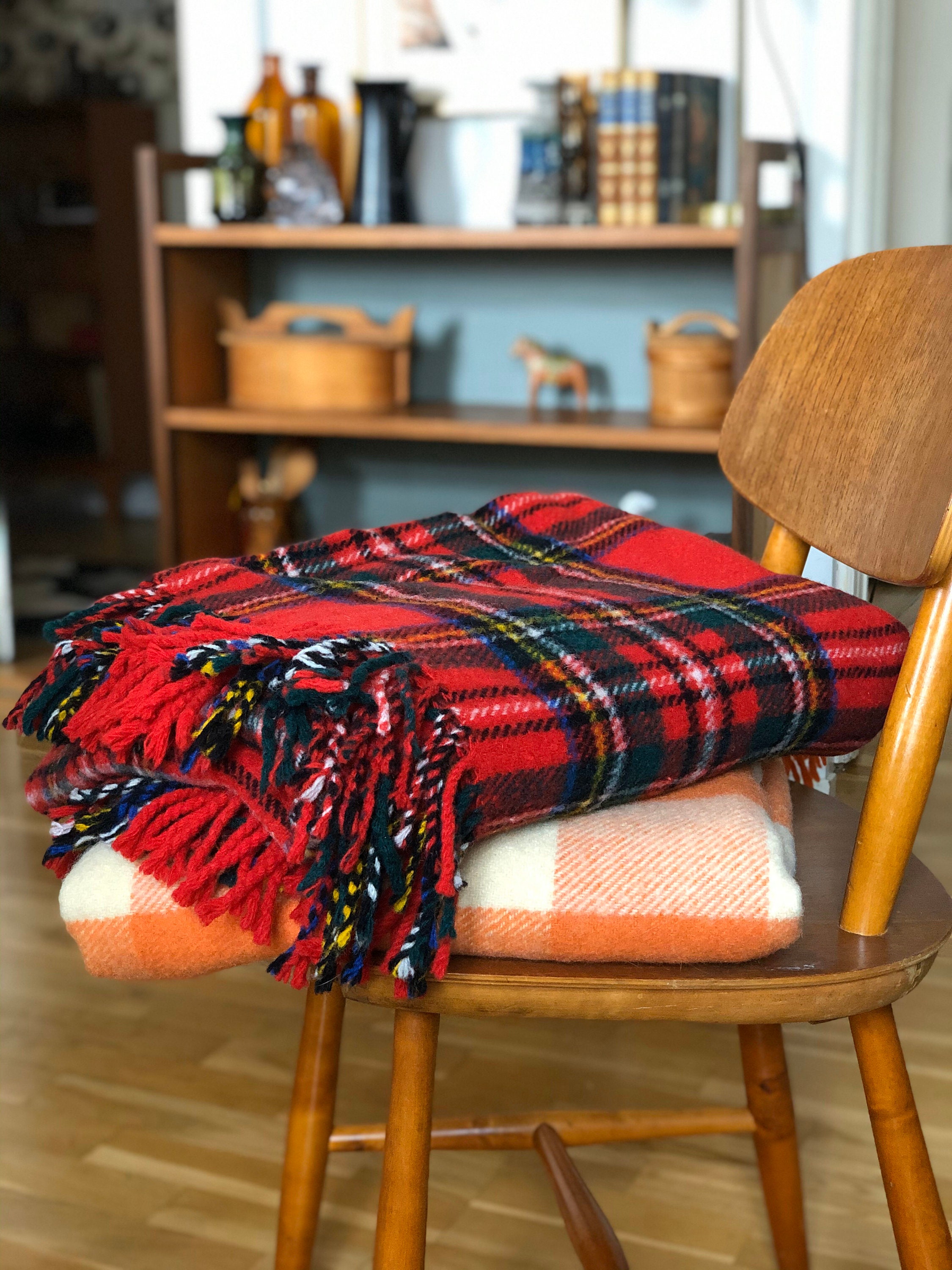 Swedish wool throw blanket red and green tones wool blanket throw