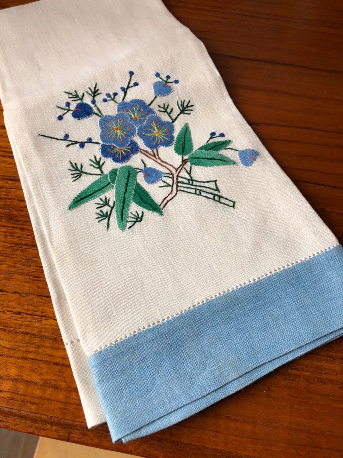 Vintage linen hand towel patchwork embroidered linen flowers