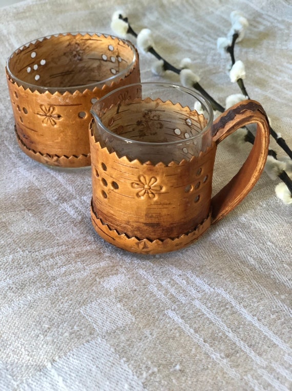 Cream and sugar 1940s birch bark and handblown glass Cream and Sugar set Bowl creamer Swedish Scandinavian tableware