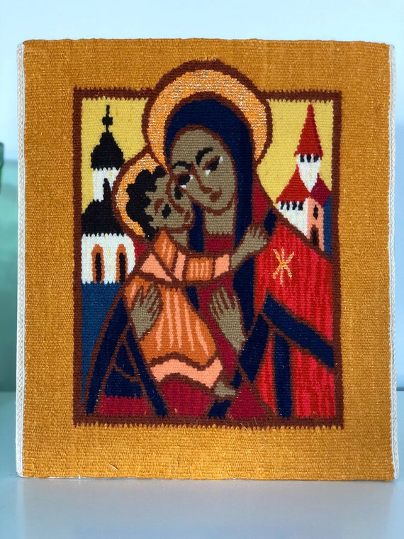 Vibrant/woven/wallhanging/madonna/child/1970s/loomed/tapestry
