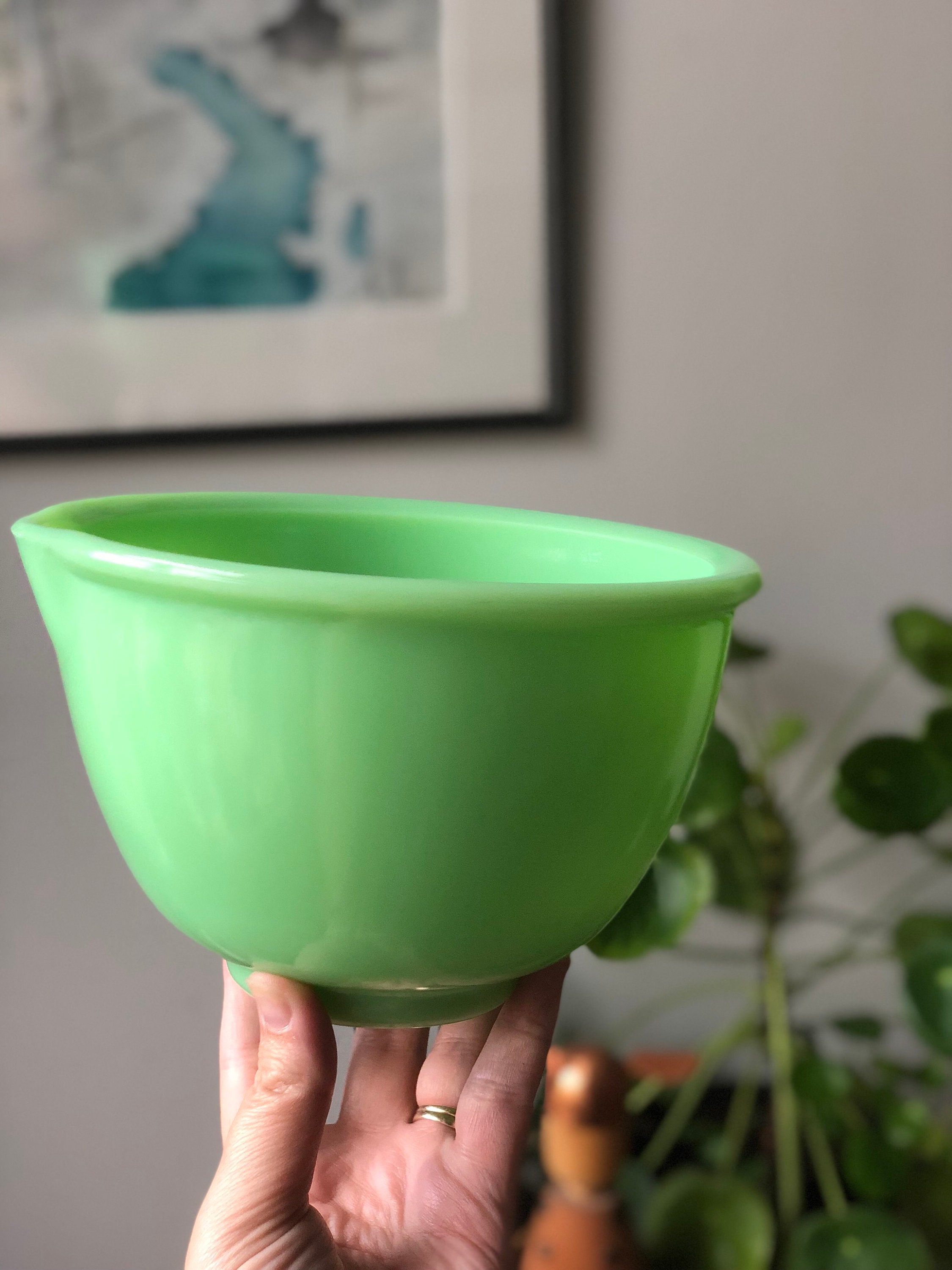 Jadeite mixing bowl with spout midcentury vintage glass bowl