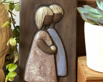 Swedish girls ceramic wall tile wall plaque signed DZ by Christina Sweden keramik  Sweden midcentury modern Scandinavian