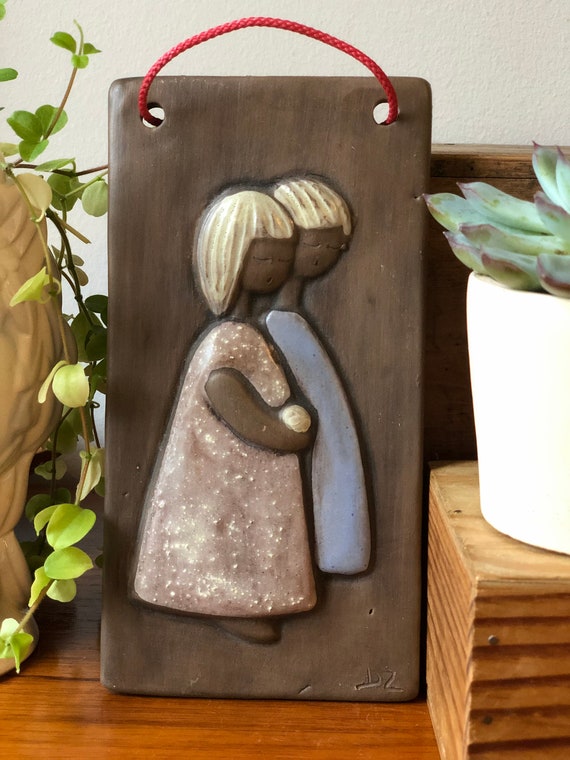 Swedish girls ceramic wall tile wall plaque signed DZ by Christina Sweden keramik  Sweden midcentury modern Scandinavian