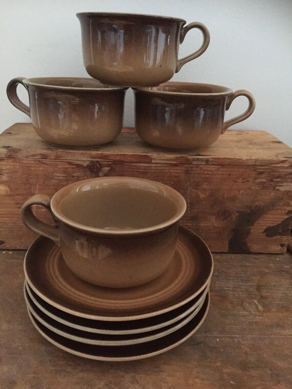 Set of 4 höganäs tea mugs coffee cups earth tones saucers retro earthy  stoneware