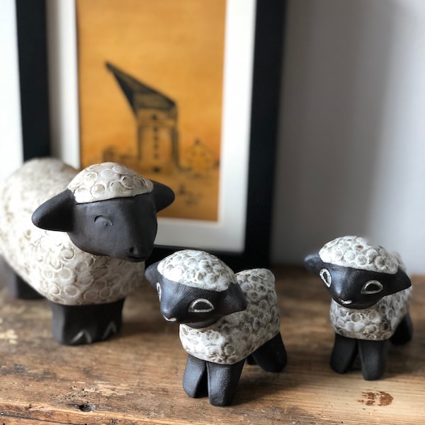 Swedish ceramic sheep and lamb family figurines 1960s Scandinavian/ karl Erik Iwar / upsala Ekeby