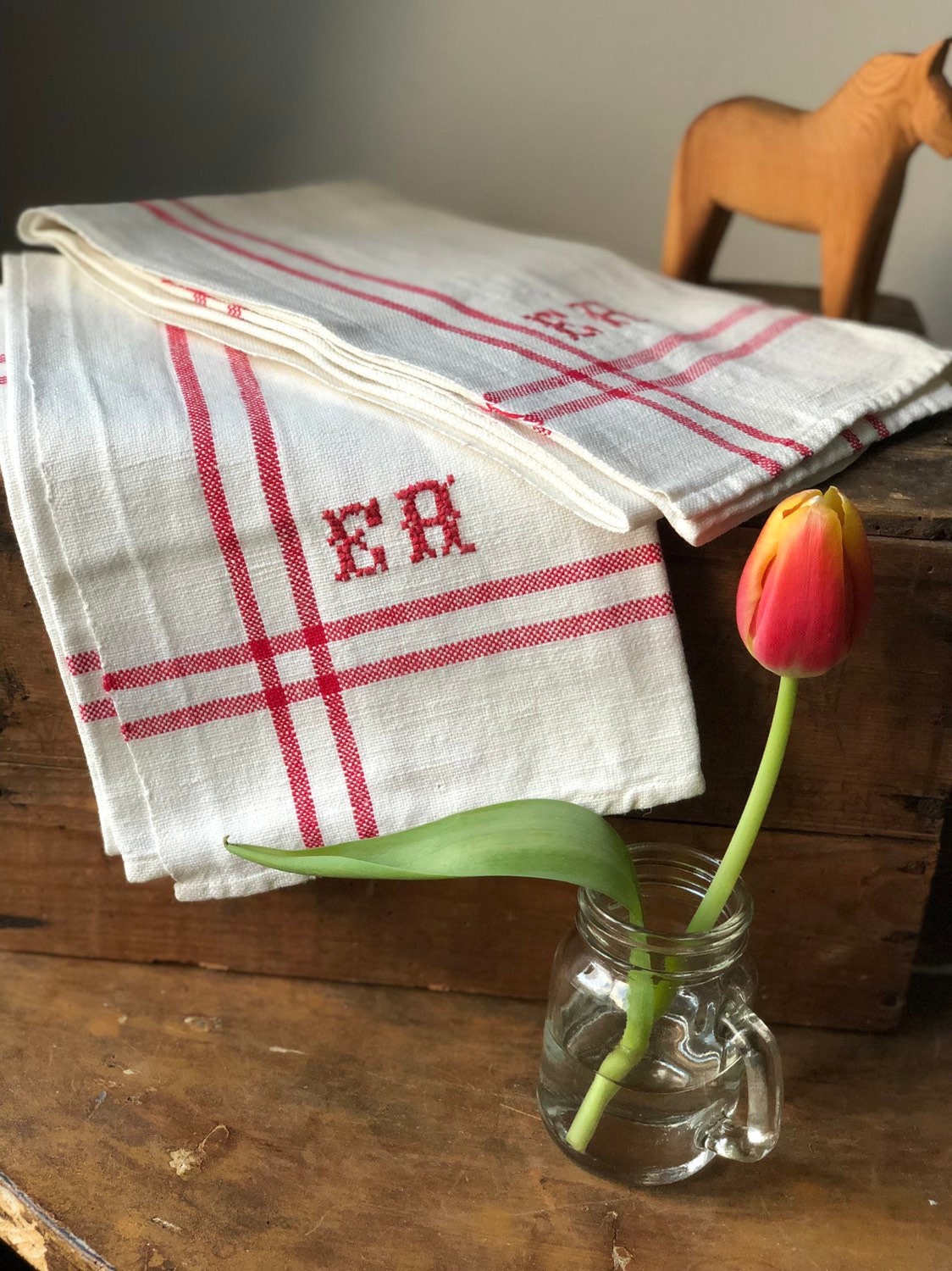 Pair of Vintage woven Scandinavian hand towels kitchen towels