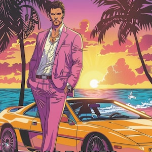 May include: A coloring book cover featuring a man in a pink suit standing next to a yellow sports car. The background is a sunset scene with palm trees and an ocean. The text on the cover reads "Miami Vice, Girls & Guys Coloring Book" and "108 Pages".