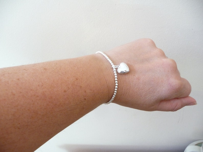 GORGEOUS 925 Puffed Hammered Heart Charm on a Sterling Silver Bead Bracelet.