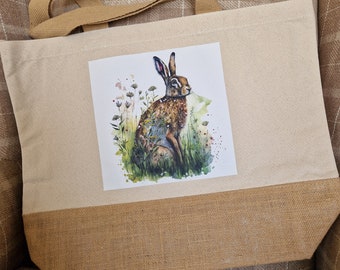 ELEGANT HARE Print Jute Tote Bag - Large Size, 100% cotton and very strong.