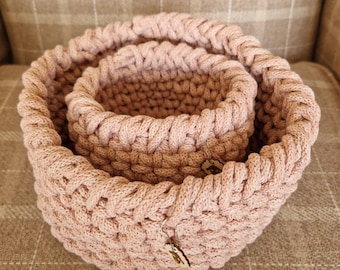 Recycled Chunky Cotton Crochet Basket Set Of Two / Beautiful Light Pink Colour / Perfect Present Or Storage Set
