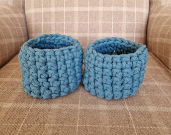 Recycled Chunky Cotton Crochet Basket Set Of Two / Beautiful Mid Blue Colour / Perfect Present Or Storage Set