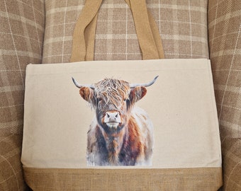 Stunning HIGHLAND COW Print Jute Tote Bag - Large Size, 100% cotton and very strong.