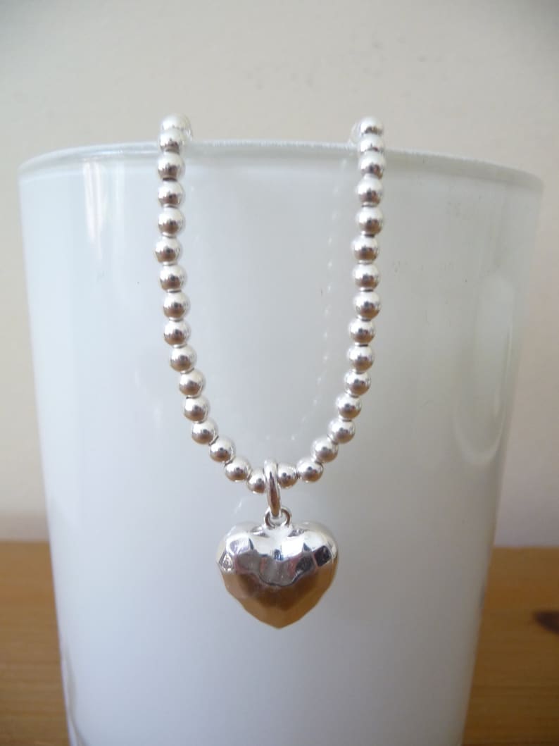 GORGEOUS 925 Puffed Hammered Heart Charm on a Sterling Silver Bead Bracelet.