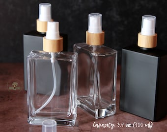 Rectangle Glass Bottle | 3.4oz (100ml) | Mist Spray | Bamboo Cap | Choose Bottle Color | Choose Funnel Color
