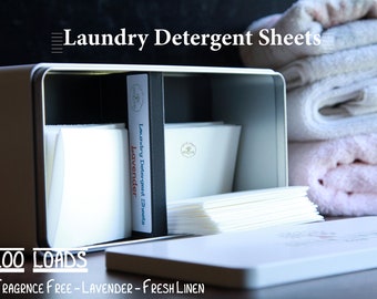100 Loads Laundry Detergent Sheets | Eco Friendly | With Tin Box for Storage | Choose Unscented • Fresh Linen • Lavender