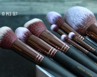 10 Piece Makeup Brush Set | Black Handle, Rose Gold Ferrule, Synthetic Bristles (Leather Pouch)