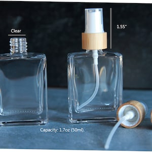 Rectangle Glass Bottle | Clear Bottle | Capacity: 1.7oz (50ml) | Mist Spray | Bamboo Caps