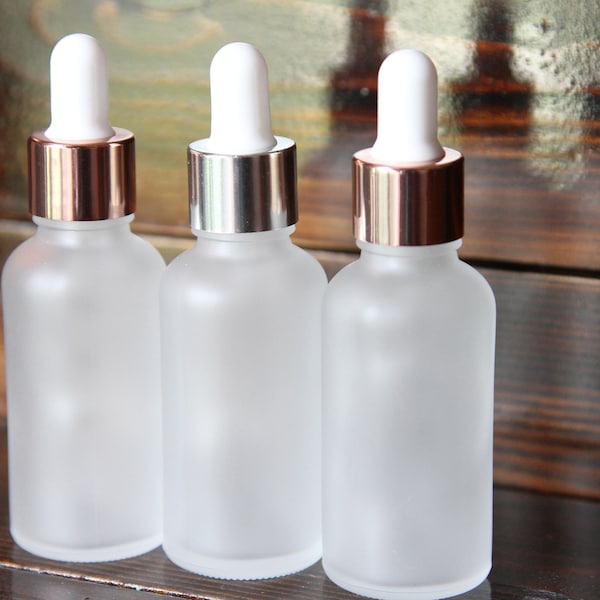 1oz (30ml) Frosted Glass Dropper Bottle | Graduated Dropper | Choose Screw Cap Color Rose Gold •  Silver