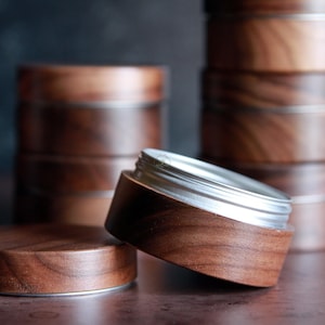 Black Walnut Round Aluminum Tin | Screw Top | Capacity:  1.76 oz (50g) | Beautiful Cosmetic Packaging