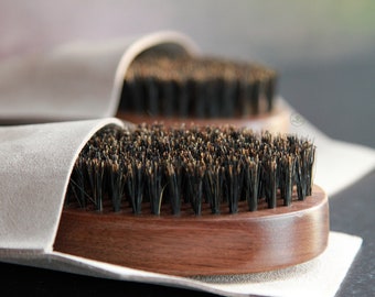 Black Walnut Oval Beard Brush: Boar Bristles with Microfiber Pouch