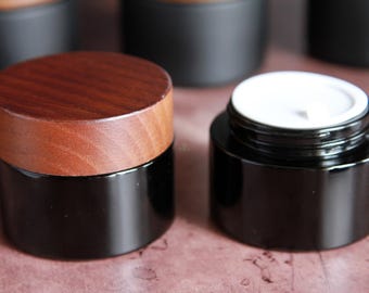 Shiny Dark Violet Glass Cosmetic Jar: Ash Wood Lid, UV Protection (1.76oz/50g)