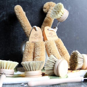 Puede incluir: Un conjunto de ocho cepillos de cerdas naturales con mangos de madera. Los cepillos están hechos de materiales naturales y están diseñados para limpiar platos y otros artículos del hogar. Los cepillos están dispuestos en grupo sobre una superficie con estampado blanco y verde. Los cepillos tienen un mango de madera con el texto "Earth Living" impreso en ellos.